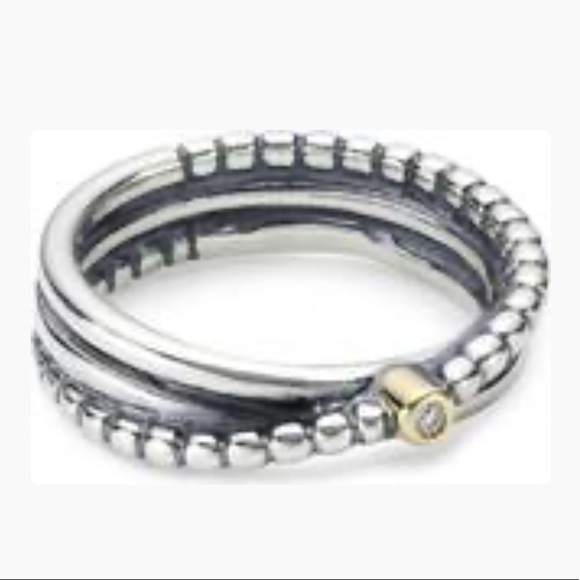 Pandora Rising Star 14k Gold & Sterling Silver Diamond Twist Beaded Ring - Picture 2 of 11